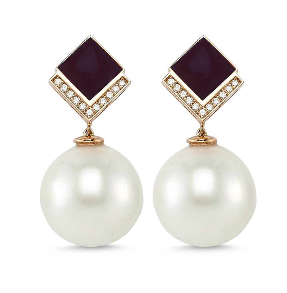 GEOMETRIA DIAMOND & PEARL ONYX EARRINGS